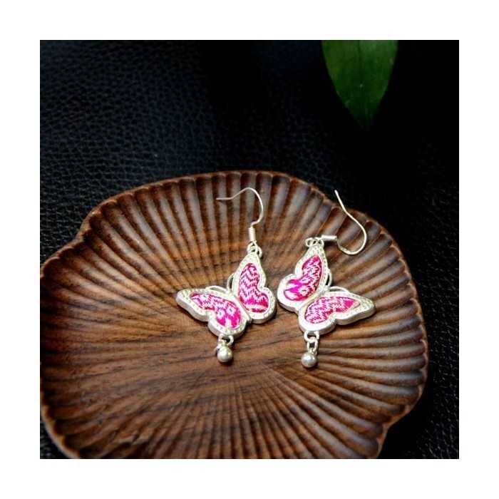 Vintage Handmade Miao Embroidery Butterfly Earrings