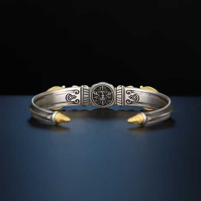 Hand-Carved  Tibetan Buddhist Makara & Dzi Bead Silver Bangle Bracelet