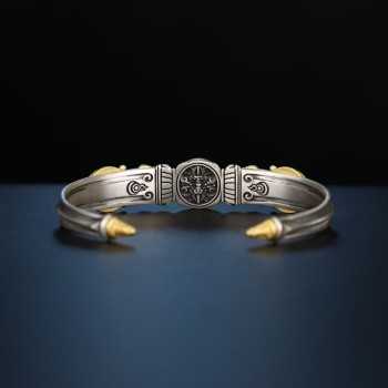 Hand-Carved  Tibetan Buddhist Makara & Dzi Bead Silver Bangle Bracelet