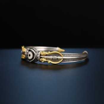 Hand-Carved  Tibetan Buddhist Makara & Dzi Bead Silver Bangle Bracelet