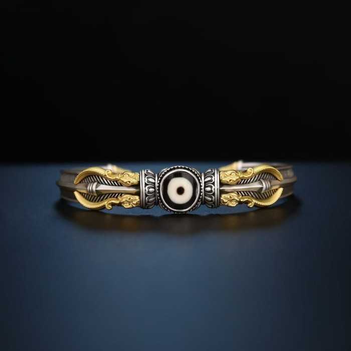Hand-Carved  Tibetan Buddhist Makara & Dzi Bead Silver Bangle Bracelet