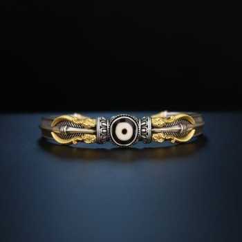 Hand-Carved  Tibetan Buddhist Makara & Dzi Bead Silver Bangle Bracelet