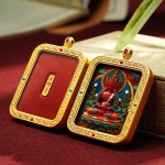 Hand-Painted 3D Thangka Buddha Vairocana Red Sand Brass Pendant Necklace (Ga Wu Box)