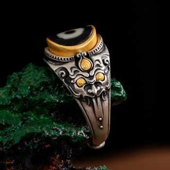 Designer Jewelry Hand-carved Zakiram Tibetan Sterling Silver Dzi Bead Ring