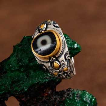 Designer Jewelry Hand-carved Zakiram Tibetan Sterling Silver Dzi Bead Ring