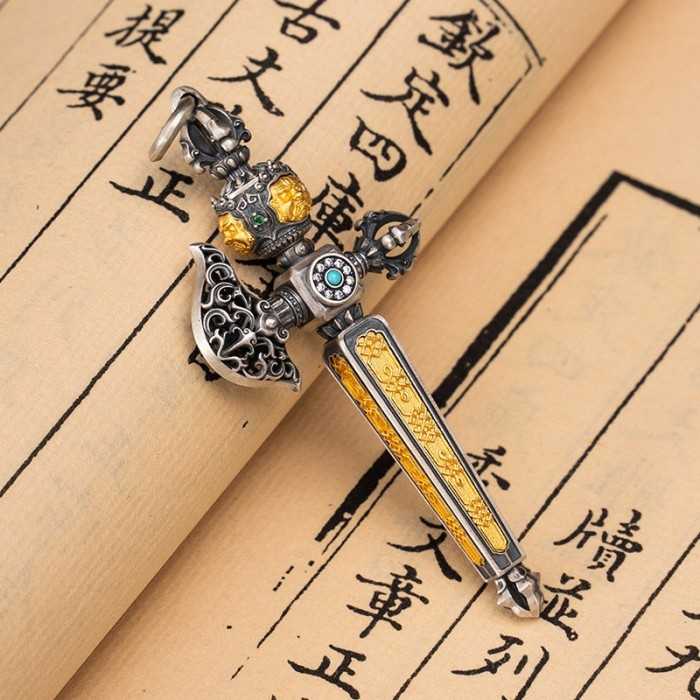Handcarved Ethnic Tibetan Buddhist Vajra Axe Sterling Silver Pendant With Gemstone