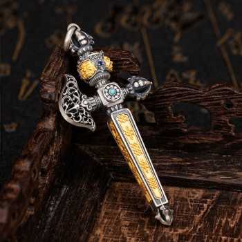 Handcarved Ethnic Tibetan Buddhist Vajra Axe Sterling Silver Pendant With Gemstone