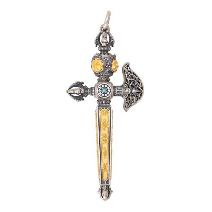 Handcarved Ethnic Tibetan Buddhist Vajra Axe Sterling Silver Pendant With Gemstone