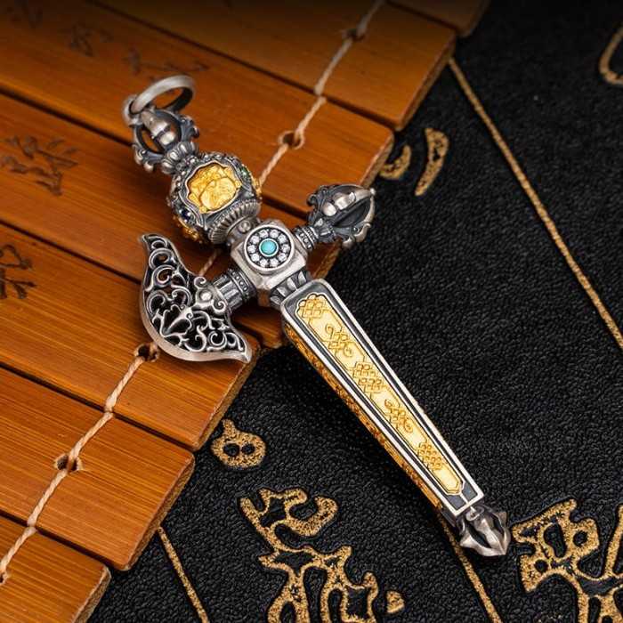 Handcarved Ethnic Tibetan Buddhist Vajra Axe Sterling Silver Pendant With Gemstone