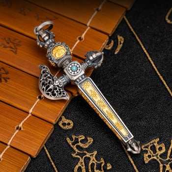 Handcarved Ethnic Tibetan Buddhist Vajra Axe Sterling Silver Pendant With Gemstone