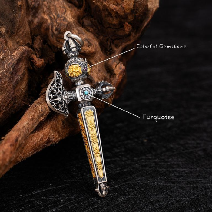 Handcarved Ethnic Tibetan Buddhist Vajra Axe Sterling Silver Pendant With Gemstone