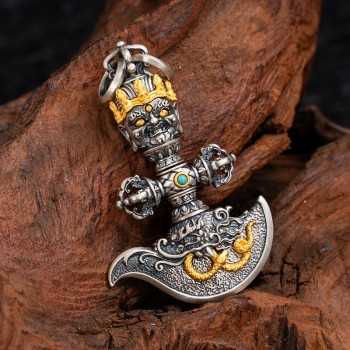 Retro Tibetan Buddhist Prabhupada Vajra Piece, Vajra Pestle, Battle-axe Sterling Silver Pendant With Gemstone