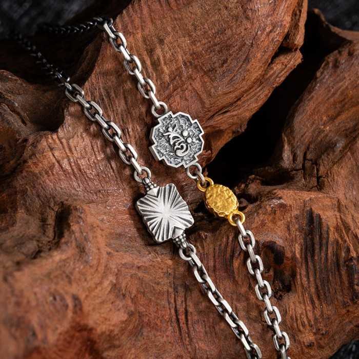 Boutigue Tibetan Buddhist Zakiram, Dzi Bead Chain Sterling Silver Necklace