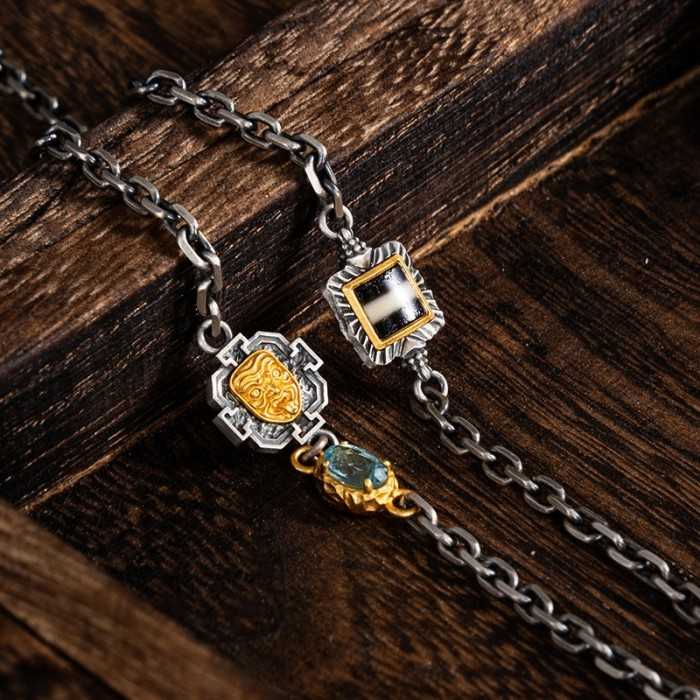 Boutigue Tibetan Buddhist Zakiram, Dzi Bead Chain Sterling Silver Necklace