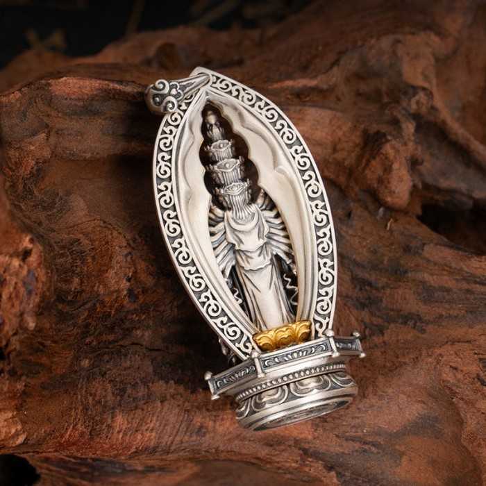 Boutique Ethnic Thousand-hands Sanskrit Avalokiteśvara Sterling Silver Pendant Amulet