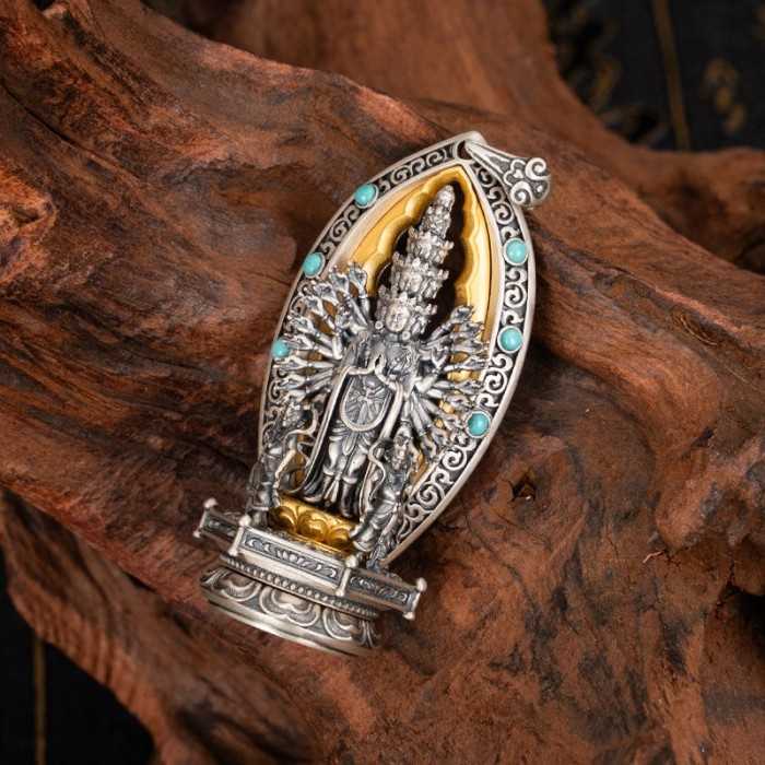 Boutique Ethnic Thousand-hands Sanskrit Avalokiteśvara Sterling Silver Pendant Amulet