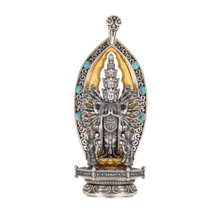 Boutique Ethnic Thousand-hands Sanskrit Avalokiteśvara Sterling Silver Pendant Amulet