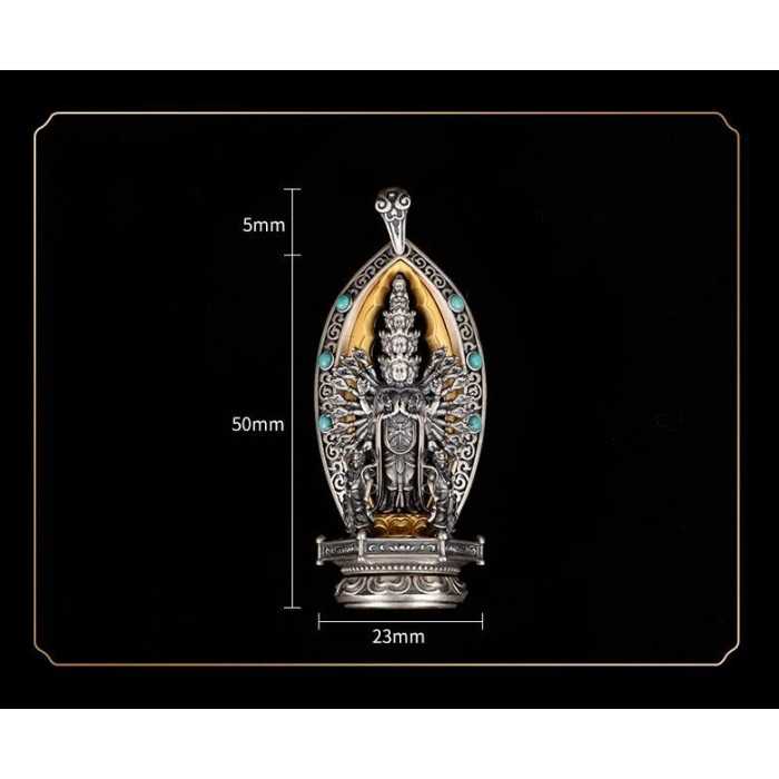 Boutique Ethnic Thousand-hands Sanskrit Avalokiteśvara Sterling Silver Pendant Amulet