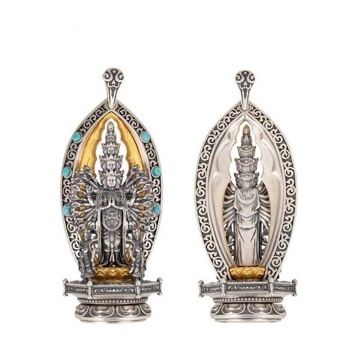 Boutique Ethnic Thousand-hands Sanskrit Avalokiteśvara Sterling Silver Pendant Amulet