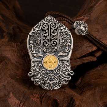 Boutique Vintage Tibetan Buddhist Zakiram Mask & Dzi Bead Sterling Silver Pendant