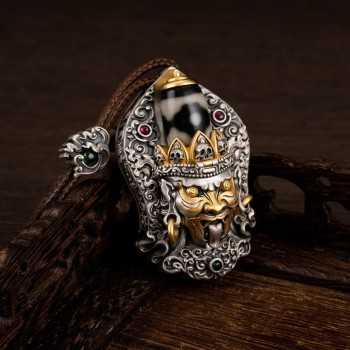 Boutique Vintage Tibetan Buddhist Zakiram Mask & Dzi Bead Sterling Silver Pendant