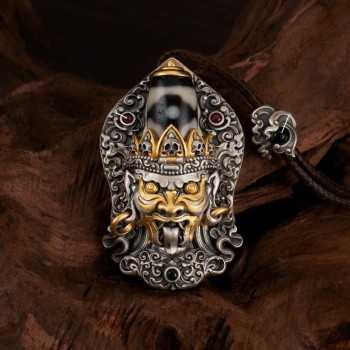 Boutique Vintage Tibetan Buddhist Zakiram Mask & Dzi Bead Sterling Silver Pendant