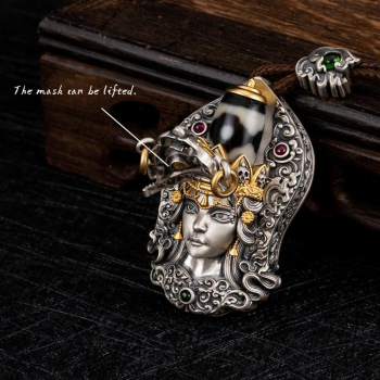 Boutique Vintage Tibetan Buddhist Zakiram Mask & Dzi Bead Sterling Silver Pendant