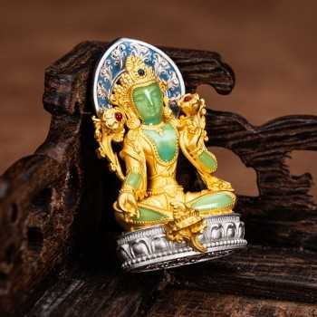 Boutique Tibetan Buddhist Enameled Green Tara Silver Pendant Amulet