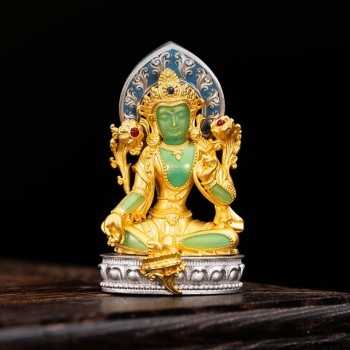 Boutique Tibetan Buddhist Enameled Green Tara Silver Pendant Amulet