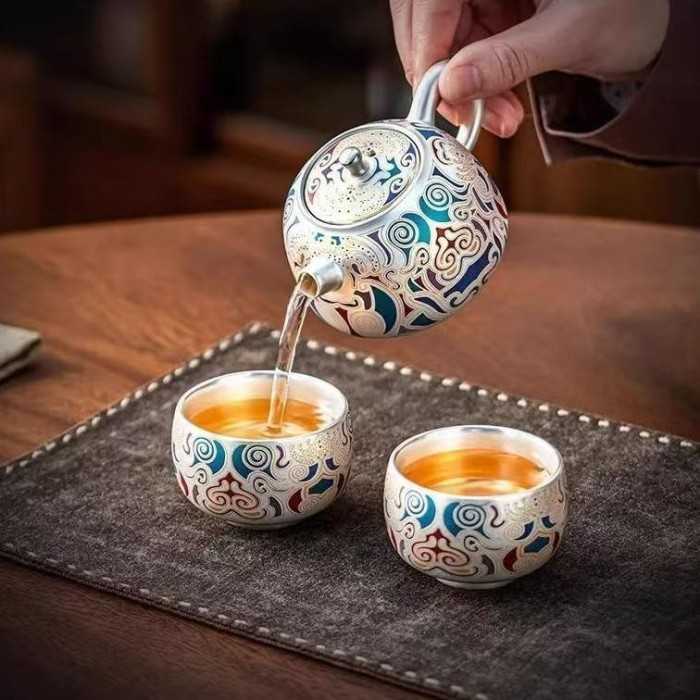 Designer Handmade Dentin Silver-Plated Ceramic Tea Set Gift Dunhuang