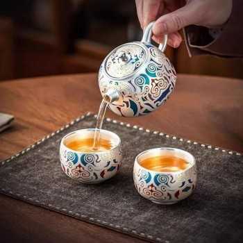 Designer Handmade Dentin Silver-Plated Ceramic Tea Set Gift Dunhuang