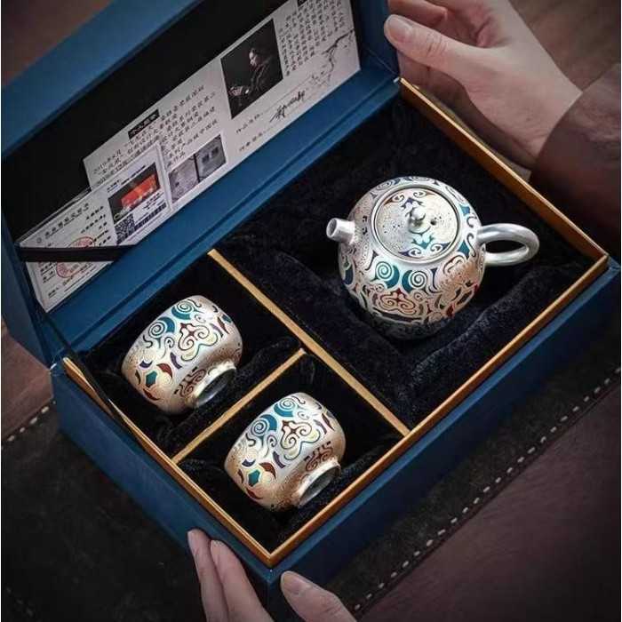 Designer Handmade Dentin Silver-Plated Ceramic Tea Set Gift Dunhuang
