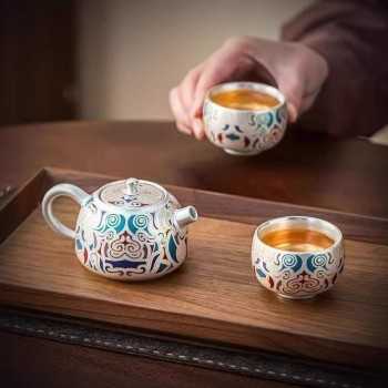 Designer Handmade Dentin Silver-Plated Ceramic Tea Set Gift Dunhuang