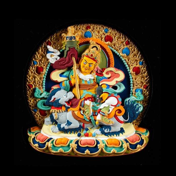 Mooras Hand-painted Tibetan Buddhist 3D Thangka Caca Yellow Jambhala Table Frame 7.1x7.1