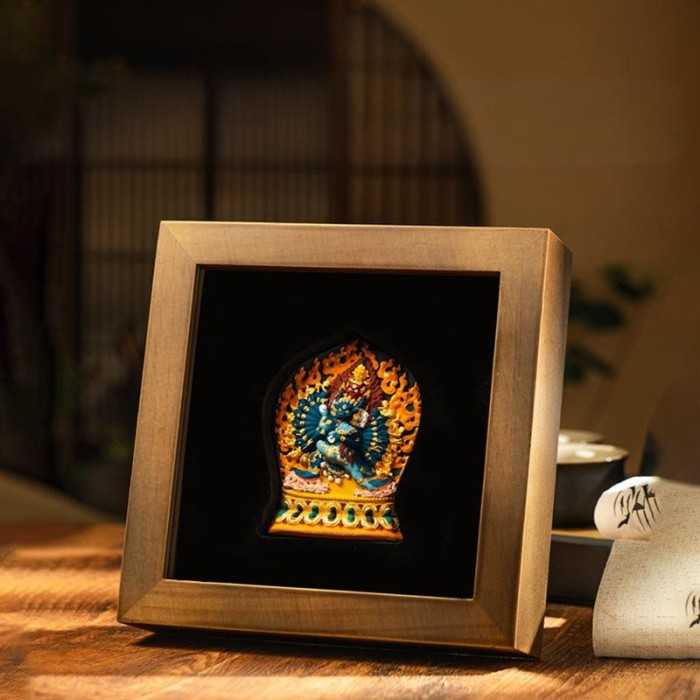 Mooras Hand-painted Tibetan Buddhist 3D Thangka Caca Yamāntaka Table Frame 7.1x7.1