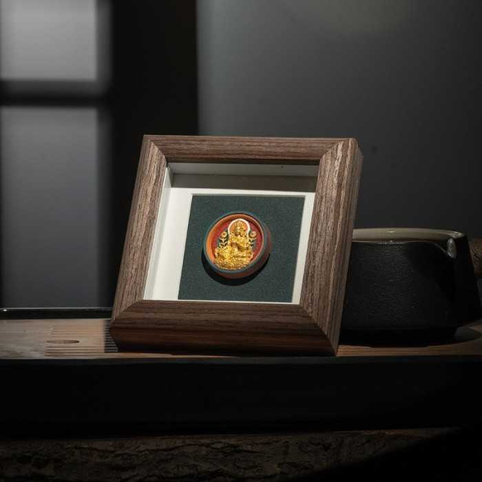 Mooras Hand-painted Tibetan Buddhist 3D Thangka Caca Green Tara Table Frame 4.3x4.3