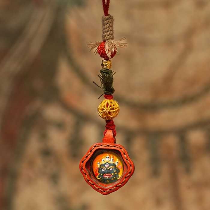 Mooras Handmade 3D Tibetan Buddha Mahakala Thangka Keychain & Phone Charm Amulet