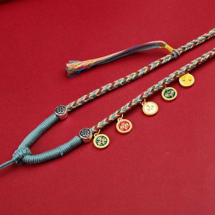 Hand-woven Five Gods of Wealth Rope Necklace for Ethnic Pendant Light Blue