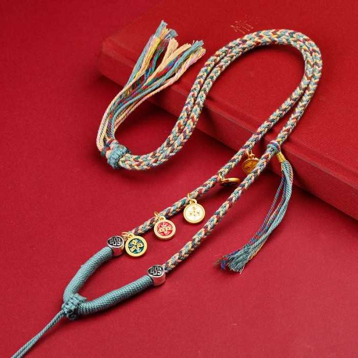 Hand-woven Five Gods of Wealth Rope Necklace for Ethnic Pendant Light Blue