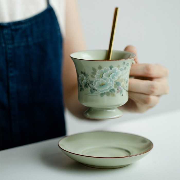 Ru Kiln–Inspired Handmade Celadon Coffee Cup & Saucer Set (100 ml)