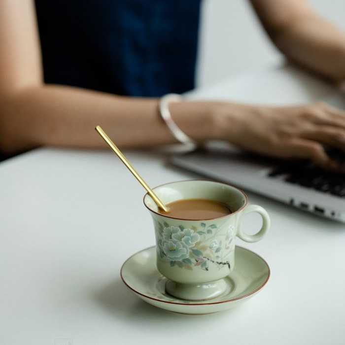 Ru Kiln–Inspired Handmade Celadon Coffee Cup & Saucer Set (100 ml)