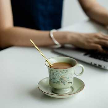 Ru Kiln–Inspired Handmade Celadon Coffee Cup & Saucer Set (100 ml)