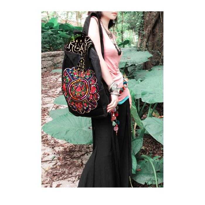 Mooras Handcrafted Vintage Ethnic Backpack Vine Embroidered Bag