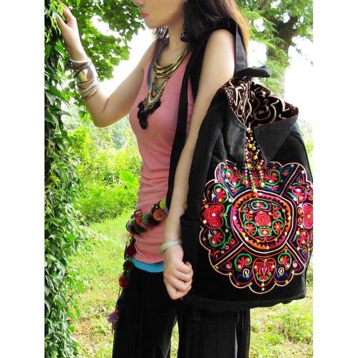Mooras Handcrafted Vintage Ethnic Backpack Vine Embroidered Bag