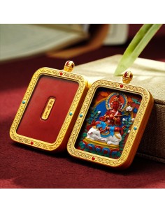 Hand-Painted 3D Thangka Buddha Samantabhadra Red Sand Brass Pendant Necklace (Ga Wu Box)