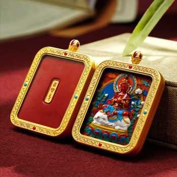 Hand-Painted 3D Thangka Buddha Samantabhadra Red Sand Brass Pendant Necklace (Ga Wu Box)