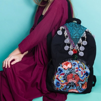Mooras Handcrafted Vintage Ethnic Backpack Couple Fishes Embroidered Bag - Jin Li