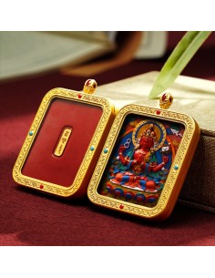 Hand-Painted 3D Thangka Buddha Four-Armed Avalokiteshvara Red Sand Brass Pendant Necklace (Ga Wu Box)