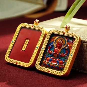 Hand-Painted 3D Thangka Buddha Four-Armed Avalokiteshvara Red Sand Brass Pendant Necklace (Ga Wu Box)