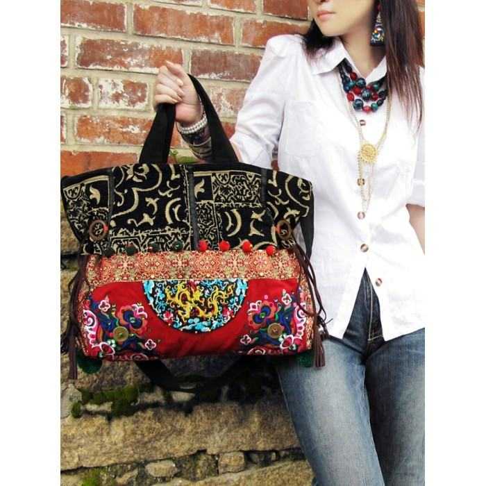Mooras Handcrafted Vintage Ethnic Embroidered Tote Bag - Dragon